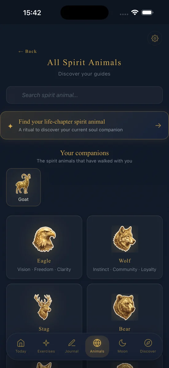 The Path of the Paws app with a collection of spirit animals