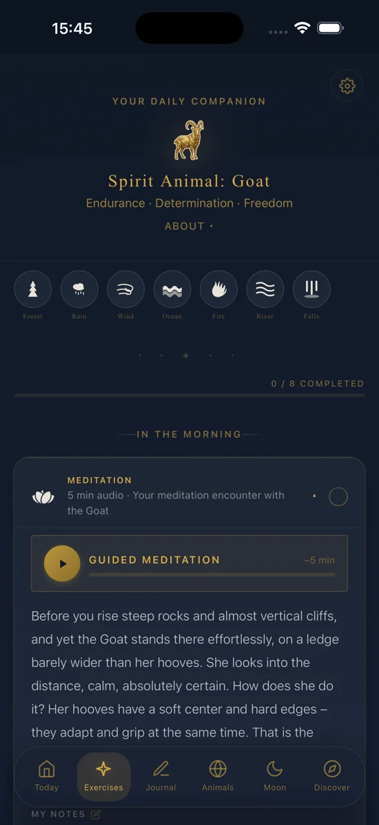 App screen with a guided meditation and eight practices for the day