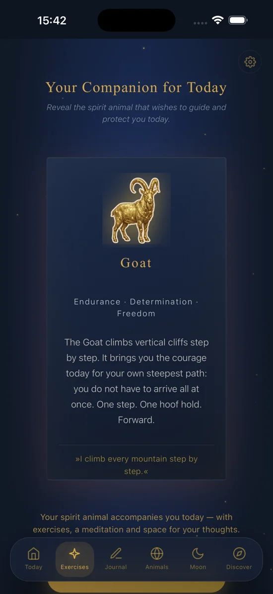The Path of the Paws app showing the spirit animal of the day